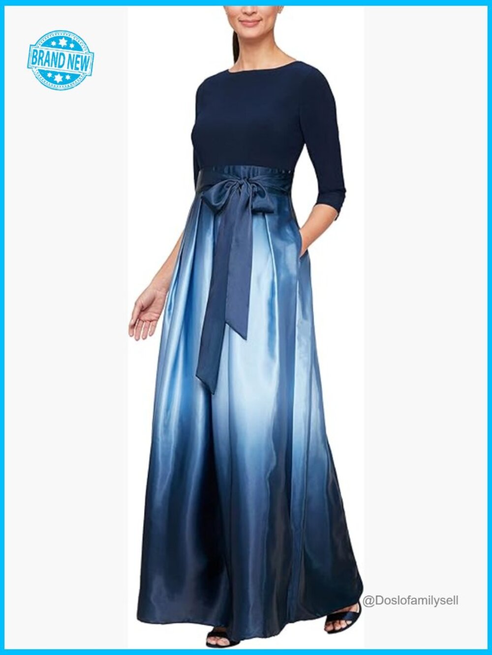 Elegant Formal Gown Satin Pleated Floor Length 3/4 Sleeve V Back Pockets